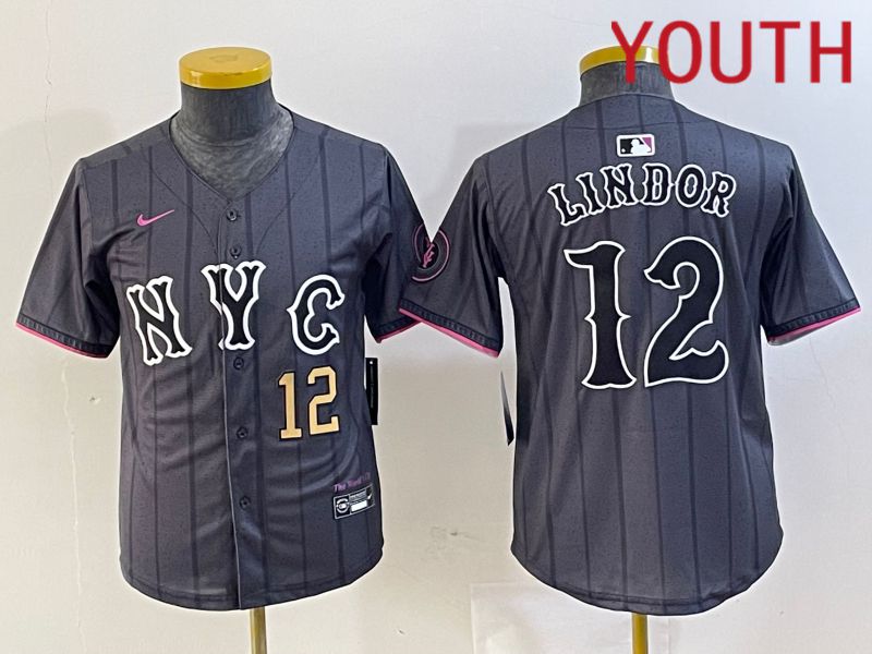 Youth New York Mets 12 Lindor Black City Edition 2024 Nike MLB Jersey style 4